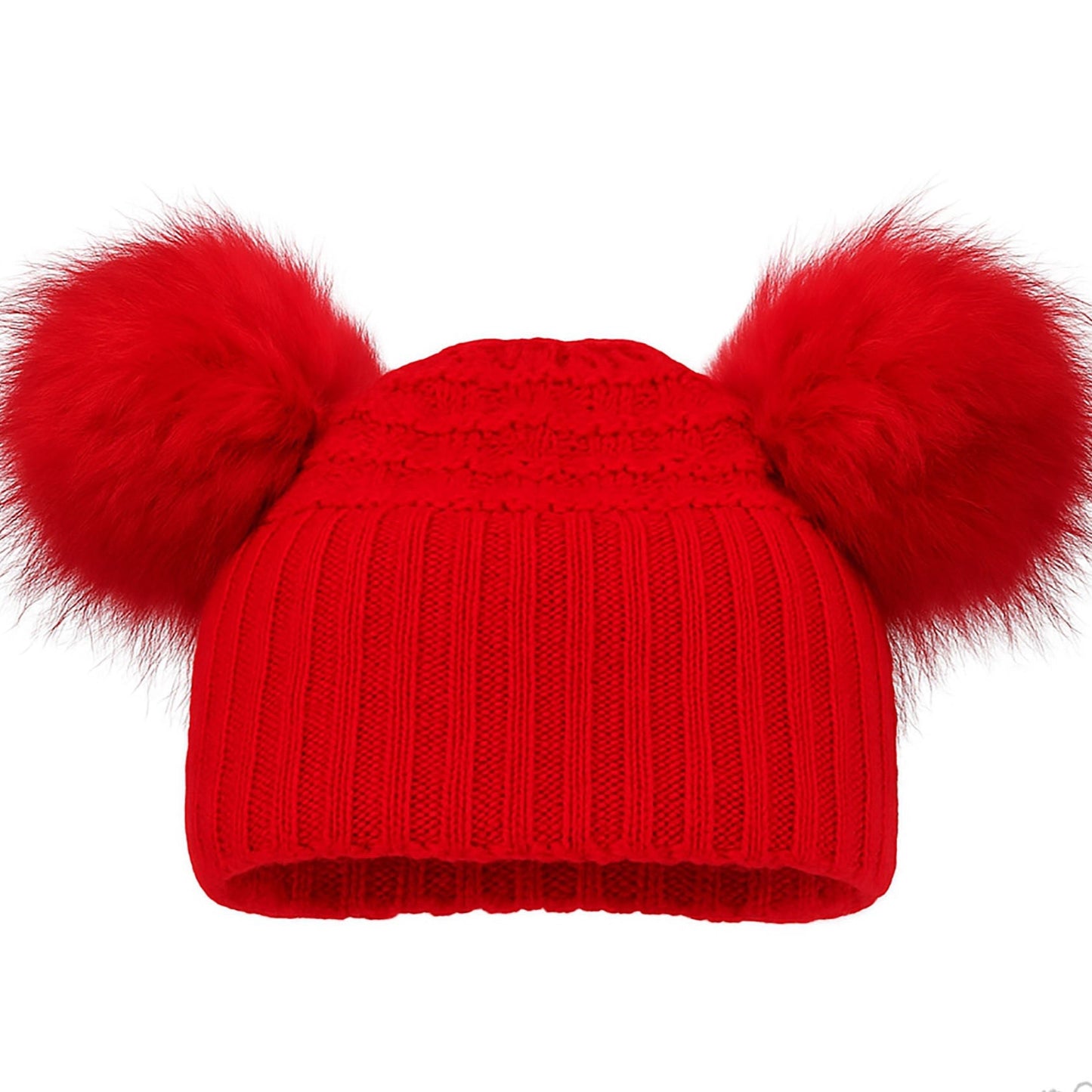 Red knit beanie with two large fur pom-poms on a white background